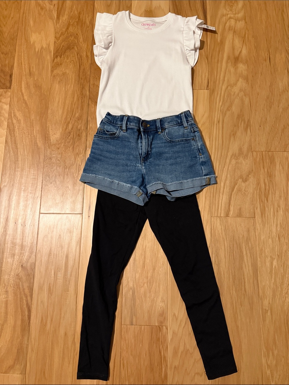 Crewcuts White Ruffle Sleeve Top with Blue Denim Jean Shorts